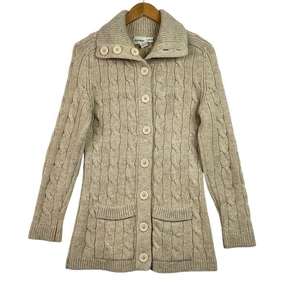 VTG Mantella Wool Fisherman Cable Knit Cardigan Sweater L Ivory Elbow Patch - Picture 1 of 15